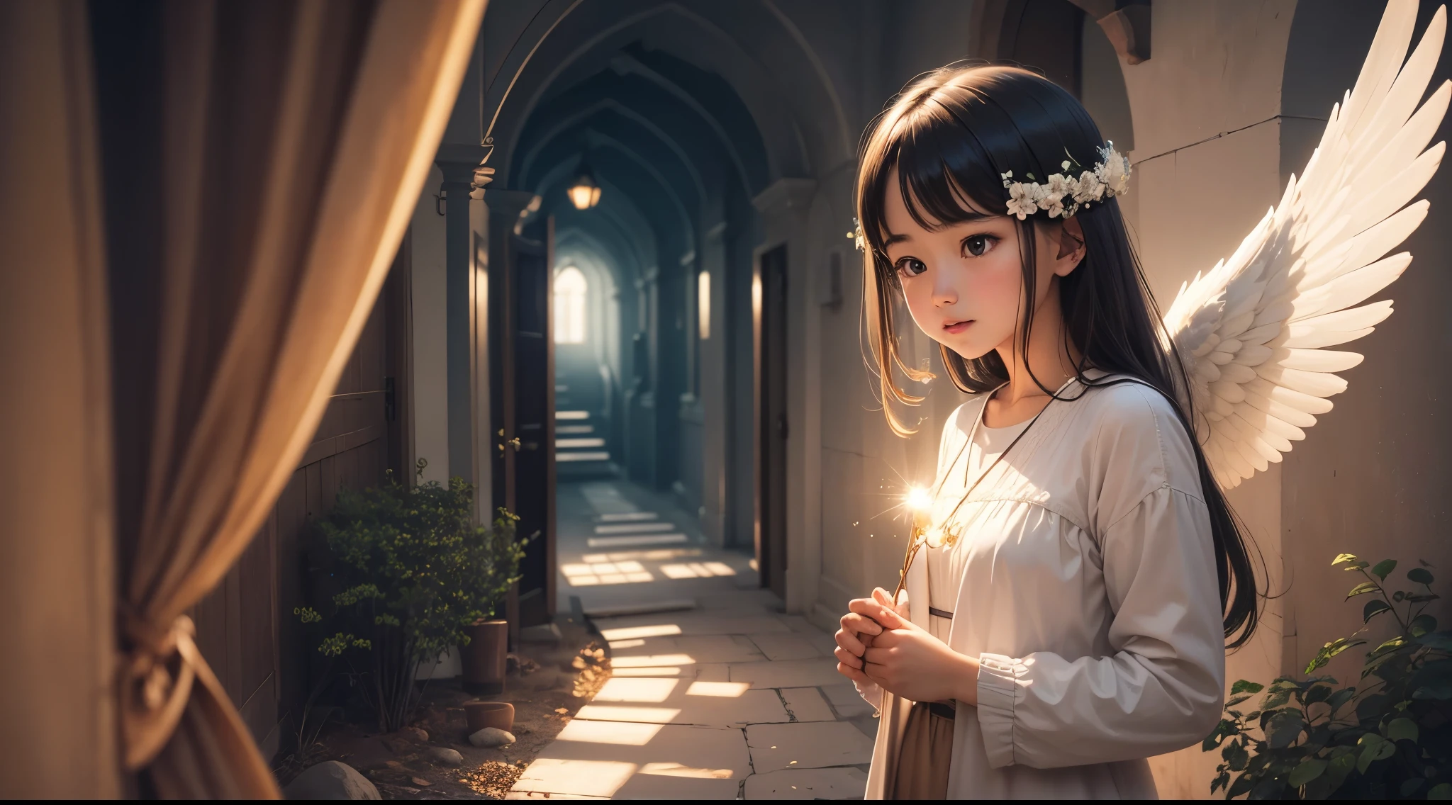 Anime girl with angel wings standing in a hallway - SeaArt AI