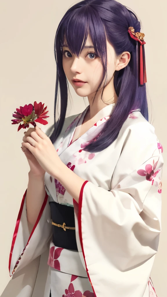 eine Nahaufnahme einer Person im Kimono-Outfit, die eine Blume hält, inspiriert von Nishikawa Sukenobu, im Kimono, blasser und bunter Kimono, aus der Sengoku-Zeit, Herbstkaiserin, inspiriert von Uemura Shōen, Hijikata Toushirou von Gintama, Palast ， Ein Mädchen in Hanfu, shuushuu anime image