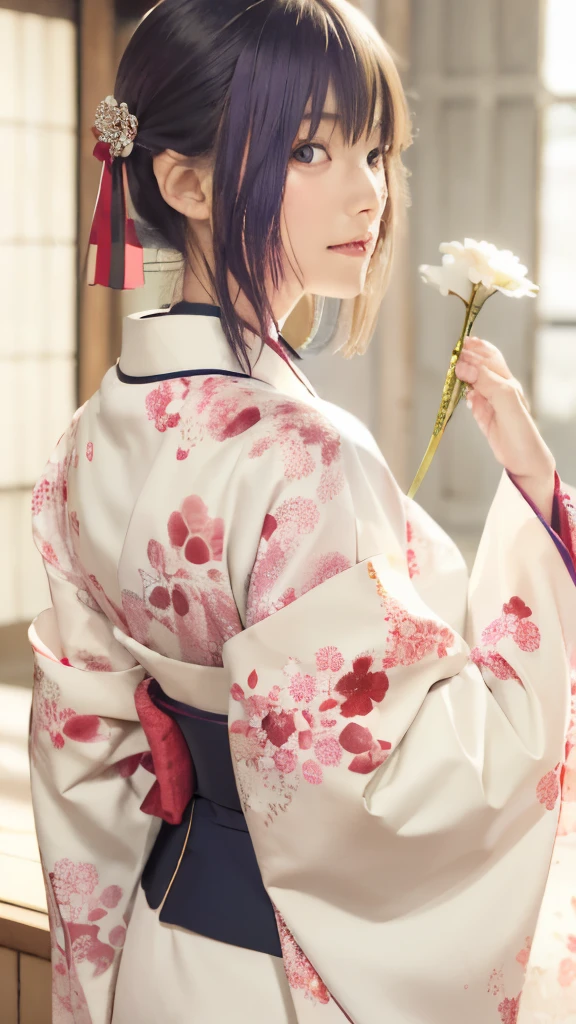 un primer plano de una persona vestida con un kimono sosteniendo una flor, inspirado en Nishikawa Sukenobu, in kimono, kimono pálido y coloreado, from sengoku period, emperatriz otoñal, inspirado en Uemura Shōen, hijikata toushirou of gintama, palacio ， Una chica en Hanfu, imagen de anime shuushuu