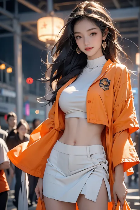 4K Ultra HD, masterpiece, best quality, a girl, Sports Girl, happy, Good face, Smile, delicate eyes, Detailed lips, very long hair, Multi-color flowing hair, slim, Firm abs, Willow Yao, promotional clothing, Orange clothing, short sleeves, crop top, Open t...