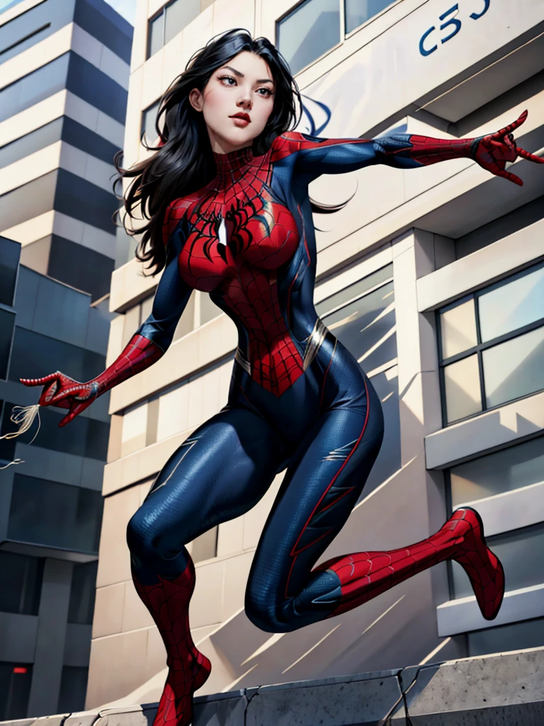 { - anatomy error} (Masterpiece - Ultra-detailed, very high resolution) best qualtiy，outdoors, GameCG，1girll，tmasterpiece，best qualtiy，8K，detailed skin textures，Detailed cloth texture，beautifull detailed face，Complicated details，the ultra-detailed，korean girl, ( korean face)，spiderman uniform，long black hair，（A full body：1.2），cleavage, she is falling from a building, releasing spiderwoman's web