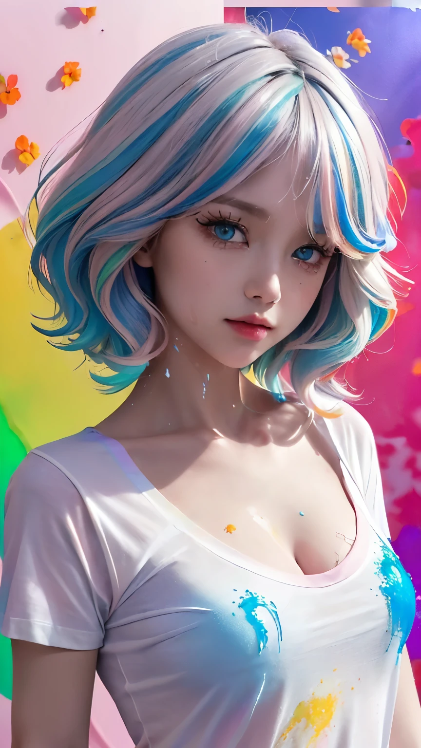 (Pink fashion T-shirt:1.9),(colored hair:1.8),(All colors of the rainbow:1.8),(((vertical画:1.6)),(:1.6),front,comics,illustration,,big eyes,crystal clear eyes，super super huge ，The breasts are exaggeratedly big，Straight chest，Big breasts，plump huge ，Close-up of cleavage，(Rainbow colored semi-long hair:1.7),exquisite cosmetics,Shut your mouth,(Small fresh:1.5),(Wipe your chest:1.6),long eyelashes,White shoulder T-shirt。,White shoulder sleeve shirt,looking at the audience,blue eyes,(rainbow colour hair:1.6),color splotches,(solo:1.8),color splotches,color splotches,color explosion,Thick lacquer style,Messy lines,((Shiny),(color),(color),(color),(color),color,Thick lacquer style,(color splotches),(color)splash,vertical,Upper body,Paintworksplash,acrylic paint,gradient,Paintwork,Highest image quality,highest quality,masterpiece,solo,depth of field,Topcoat,Colorful clothes,(grace:1.2),gorgeous,lwind, (Elegant: 1.3), (Petals: 1.4)，(((masterpiece))),(((best quality))),((ultra-detailed)),(illustration),(dynamic angle),((floating)),(paint),((disheveled hair)),(solo),(1girl) , (((detailed anima face))),((beautiful detailed face)),collar,bare shoulders,blue hair, ((colorful hair)),((streaked hair)),beautiful detailed eyes,(Gradient color eyes),(((colorful eyes))),(((colorful background))),(((high saturation))),(((surrounded by colorful splashes))),(((colorful background))),(((high saturation))),(((surrounded by colorful splashes))),(((colorful background))),(((high saturation))),(((surrounded by colorful splashes))),