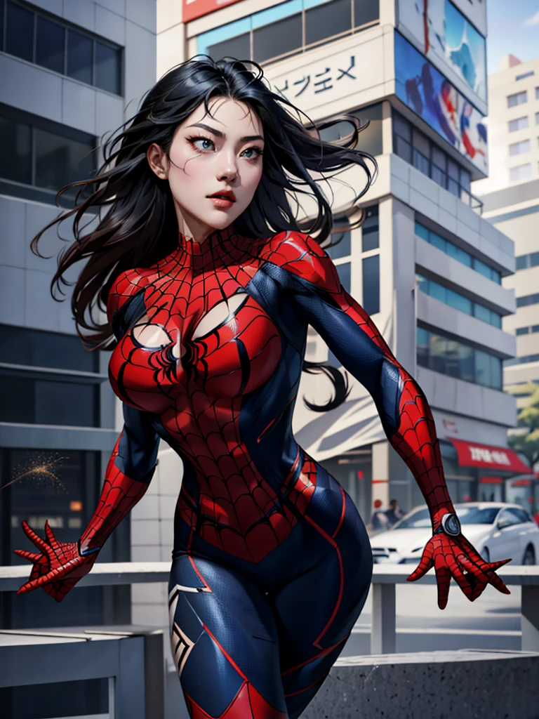 { - anatomy error} (Masterpiece - Ultra-detailed, very high resolution) best qualtiy，GameCG，1girll，tmasterpiece，best qualtiy，8K，detailed skin textures，Detailed cloth texture，beautifull detailed face，Complicated details，the ultra-detailed，korean girl, ( korean face)，spiderman uniform，long black hair，（A half body：1.2），cleavage, she is falling from a building