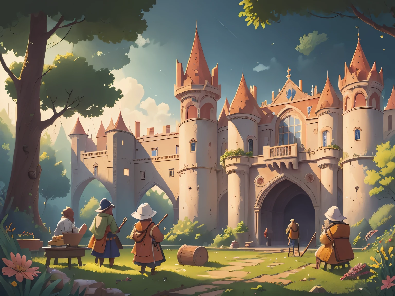 (The craftsmen are busy building a magnificent palace:1.5), High definition, detailed, ultra detailed,Medieval Europe, medieval clothing, watercolor, medieval style,