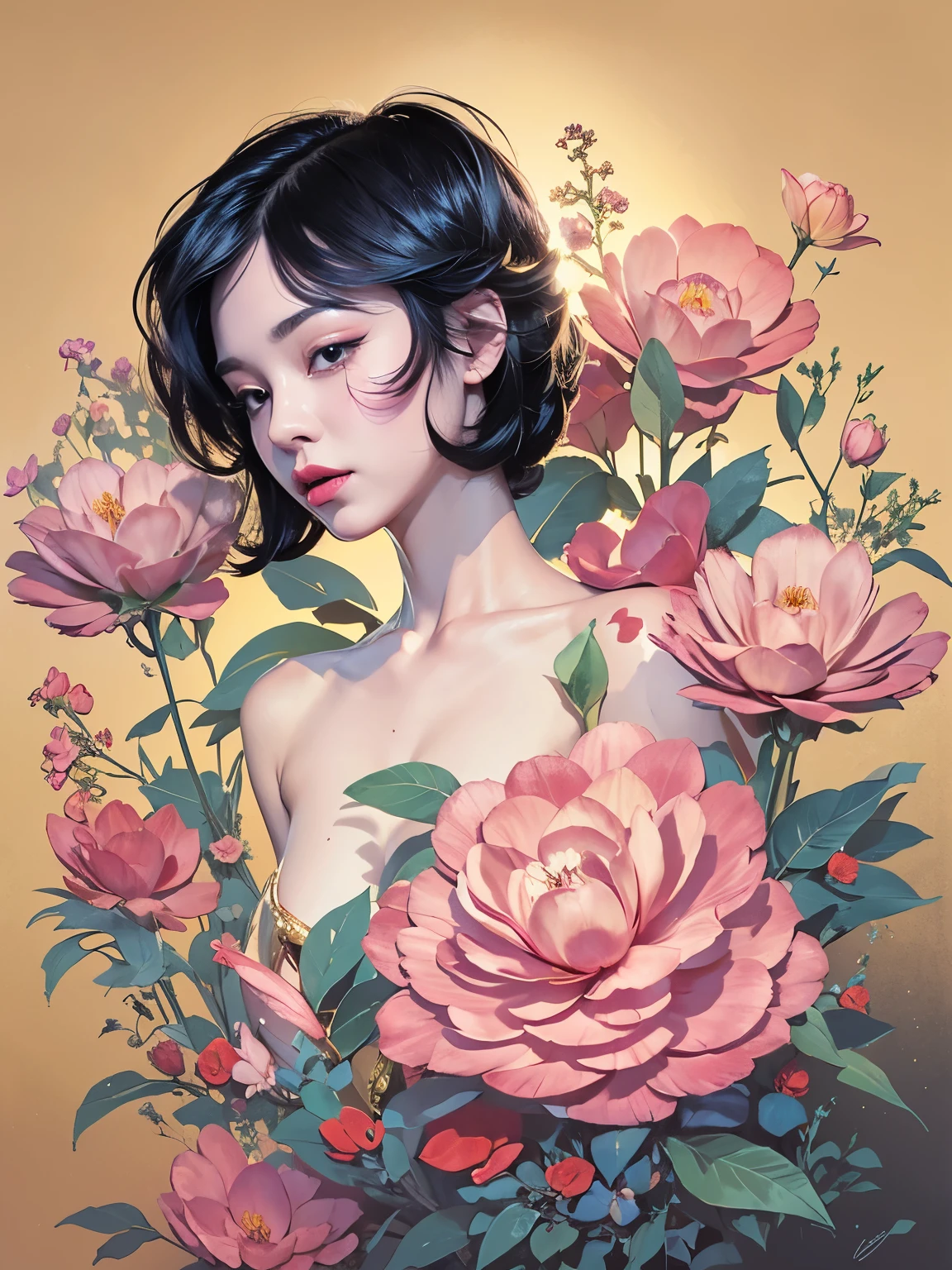 chiaroscuro technique on sensual illustration of an elegant , retro and vintage ,silky flower around body, matte painting, by Hannah Dale, by Harumi Hironaka, extremely soft colors, vibrant, pastel, highly detailed, digital artwork, high contrast, dramatic, refined, tonal, golden ratio