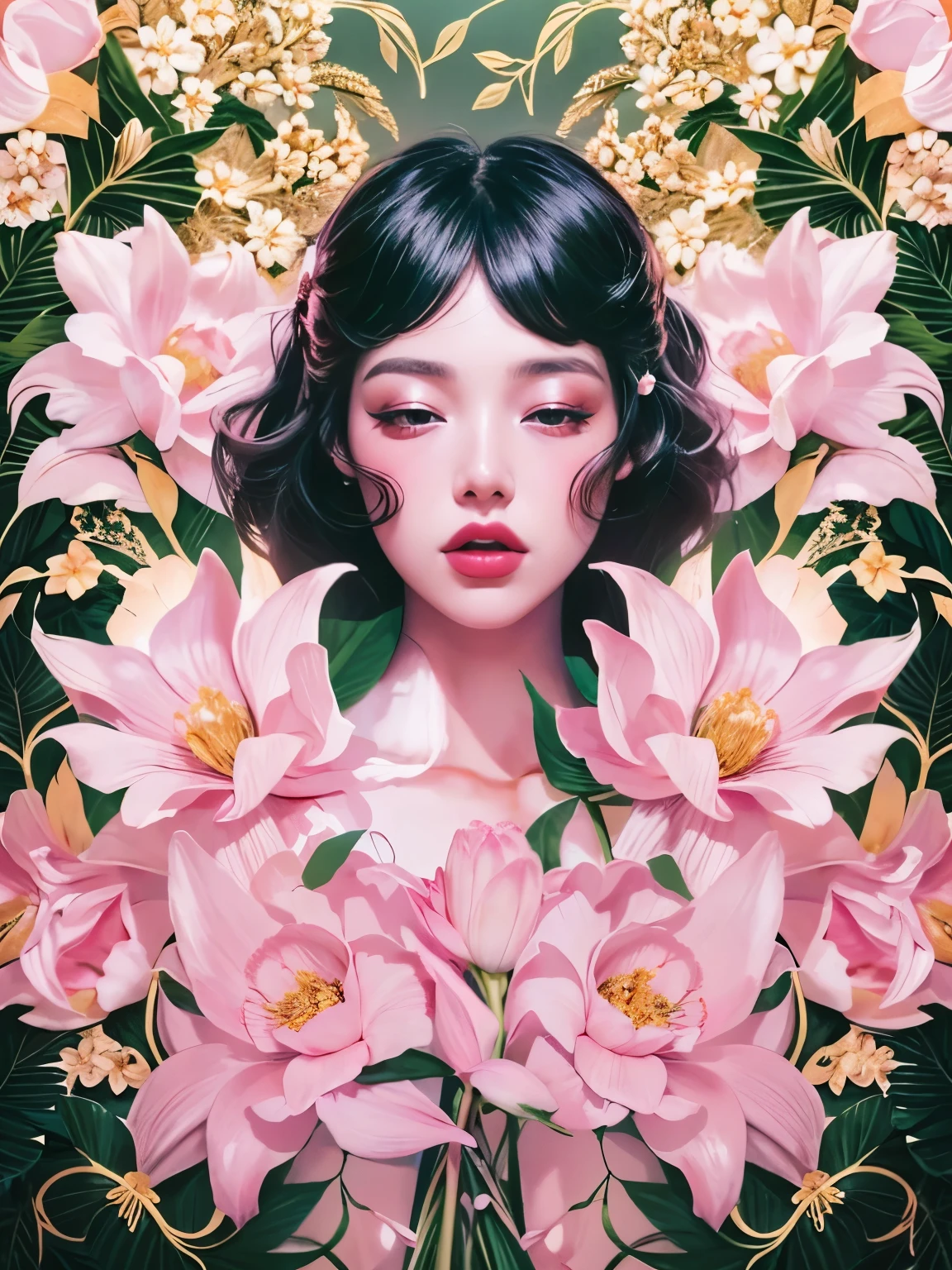chiaroscuro technique on sensual illustration of an elegant , retro and vintage ,silky flower around body, matte painting, by Hannah Dale, by Harumi Hironaka, extremely soft colors, vibrant, pastel, highly detailed, digital artwork, high contrast, dramatic, refined, tonal, golden ratio