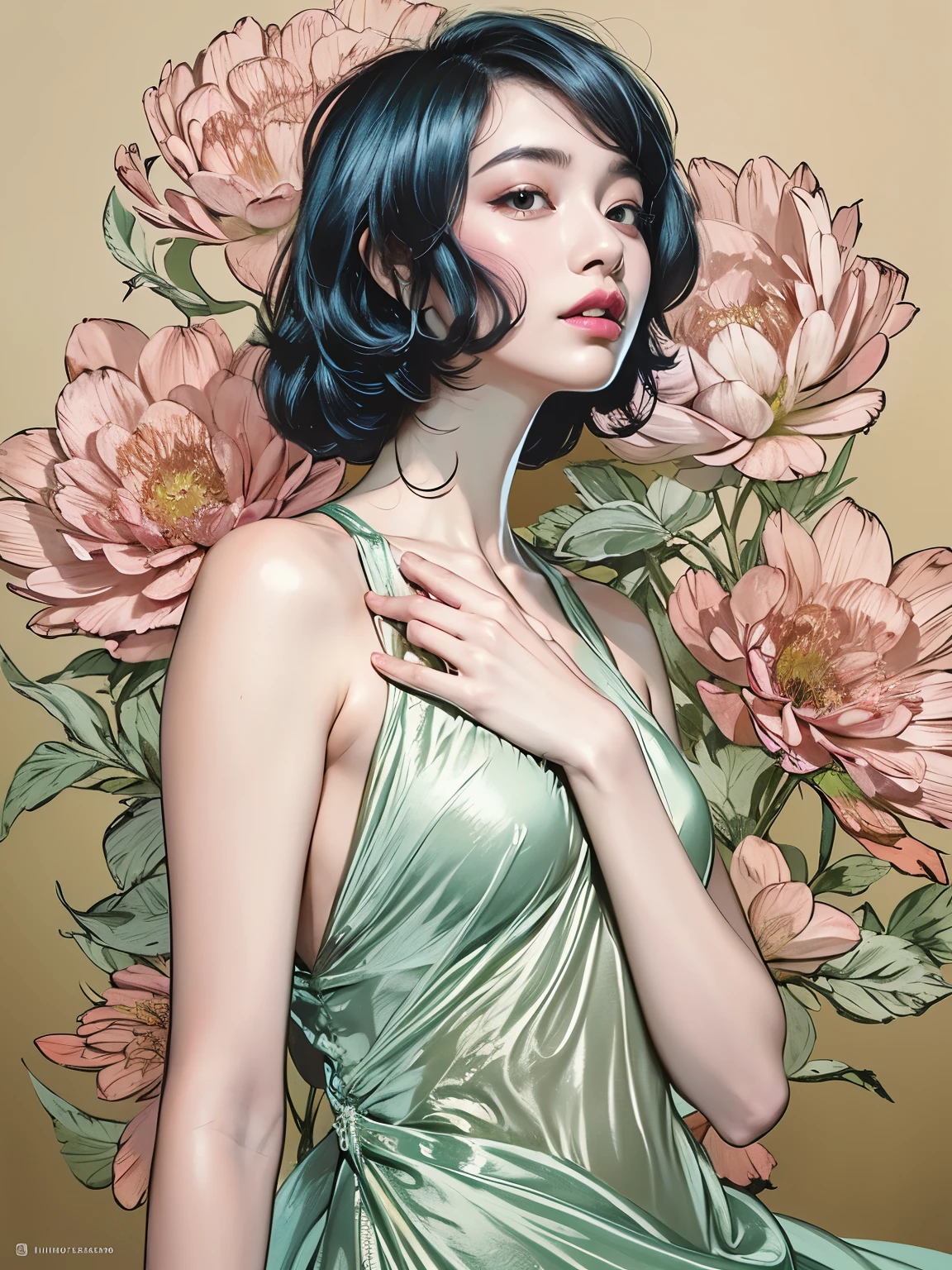 chiaroscuro technique on sensual illustration of an elegant , retro and vintage ,silky flower around body, matte painting, by Hannah Dale, by Harumi Hironaka, extremely soft colors, vibrant, pastel, highly detailed, digital artwork, high contrast, dramatic, refined, tonal, golden ratio
