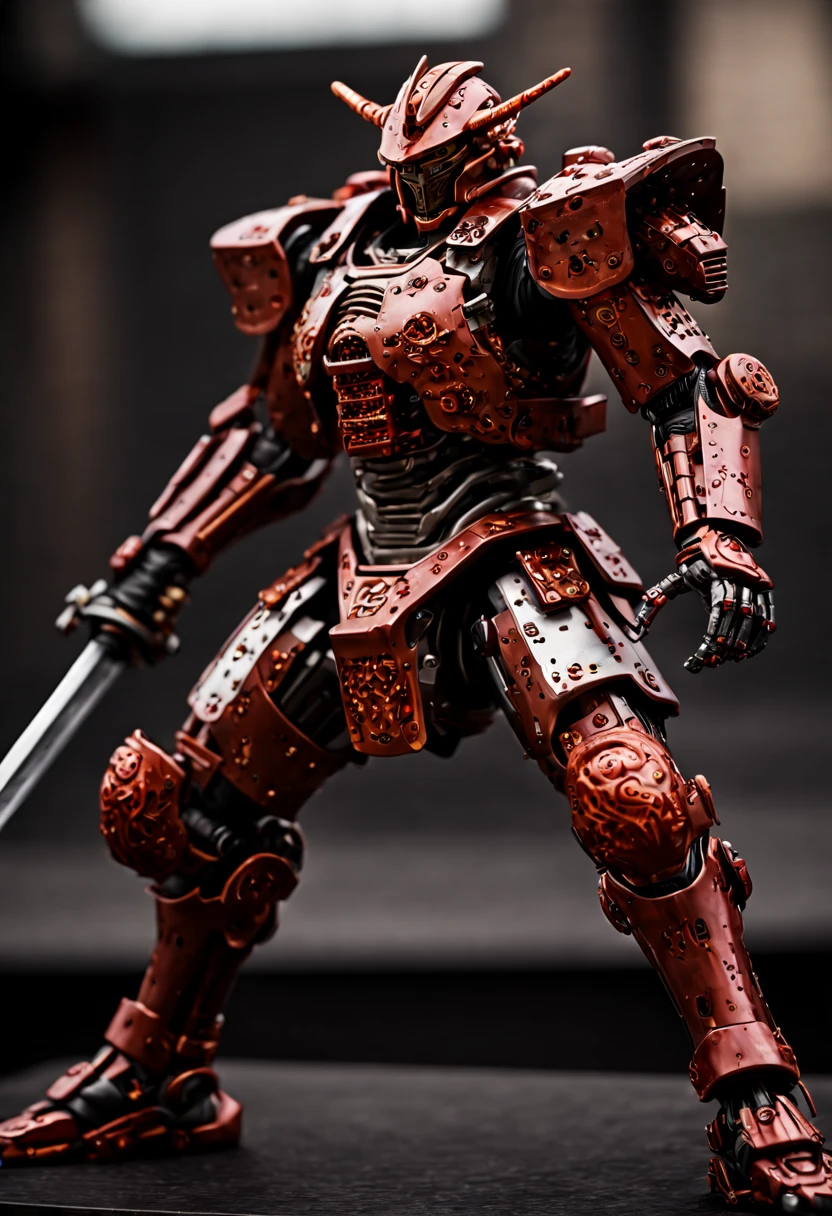 war scene , japanese warrior, fighting stance, samurai, cyber armor, mechanical arm, mecha, ready to slash, epic scene, battle, blood, cables, exclusive, photography, award winning, ultra-detailed