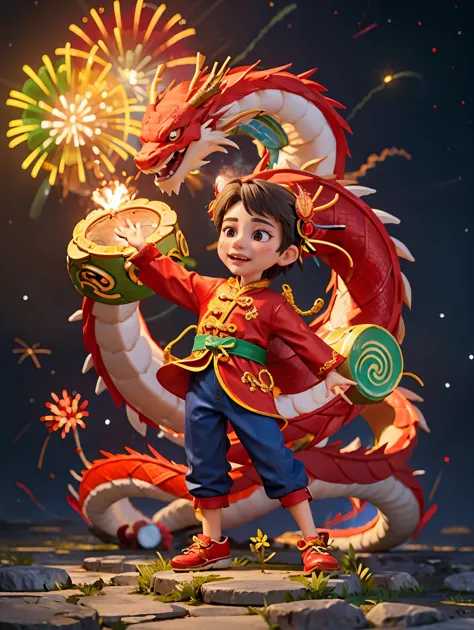 energetic and cute，1 boy，standing in the middle of，smiley face，wearing traditional chinese clothing，(there is an eastern dragon ...