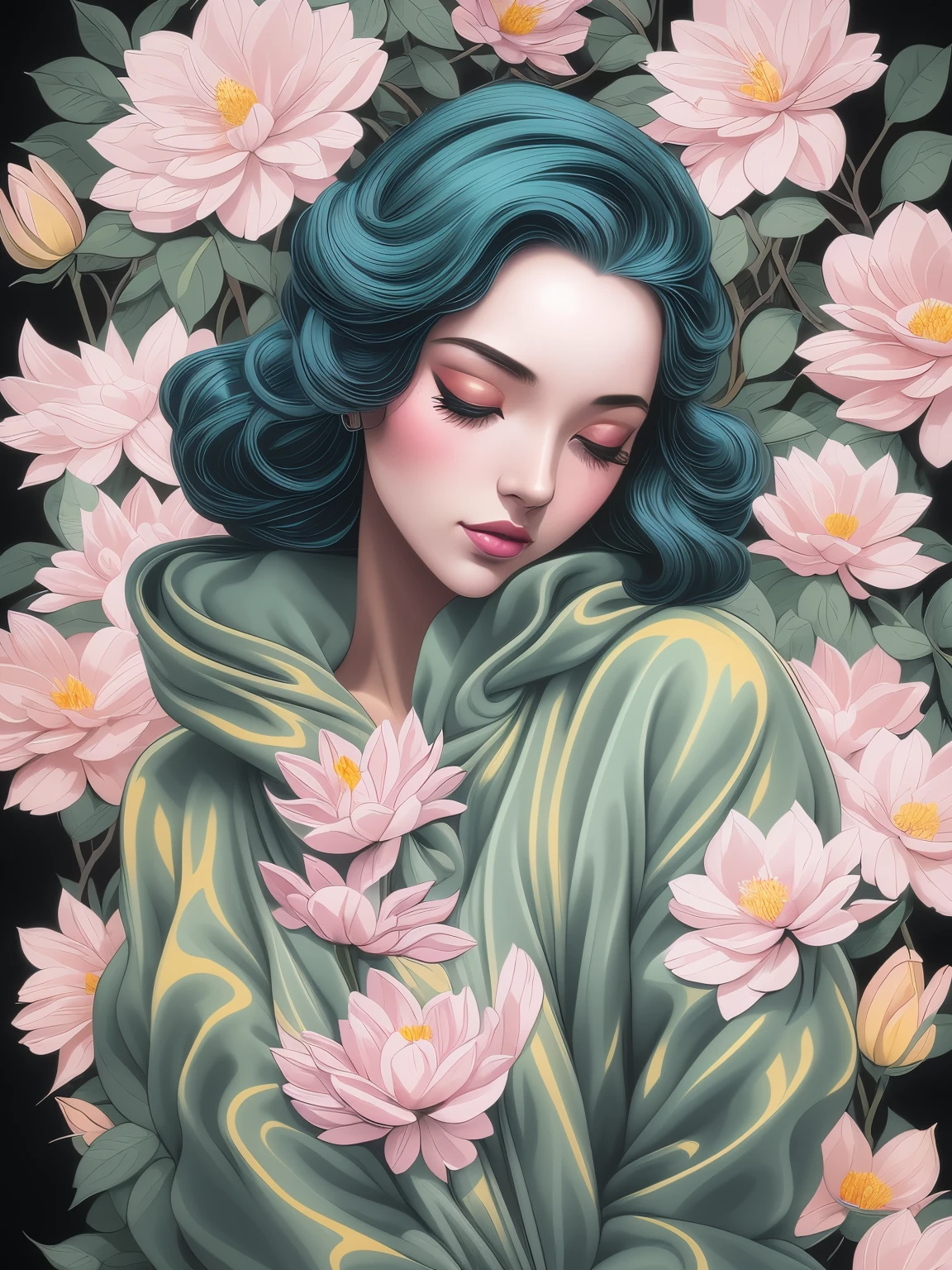 Chiaroscuro-Technik auf sinnliche Darstellung eines eleganten , Retro und Vintage ,seidige Blume um den Körper, Mattes Malen, by Hannah Dale, by Harumi Hironaka, extrem sanfte Farben, beschwingt, pastel, sehr detailliert, digitales Kunstwerk, Hoher Kontrast, dramatisch, raffiniert, tonal, Goldener Schnitt