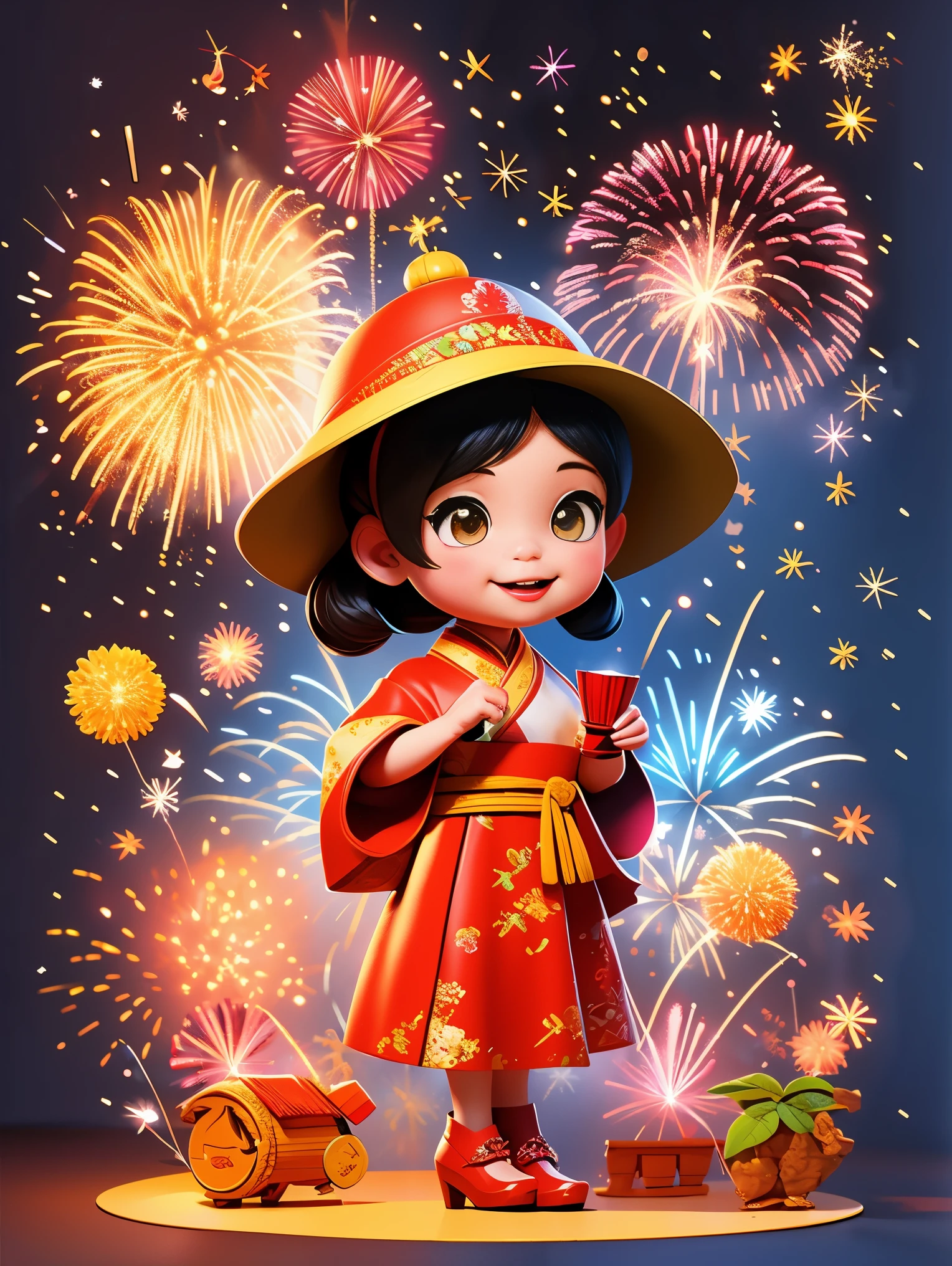 Cute little Chinese girl，Wearing traditional Chinese clothing，(Wearing a dragon hat)，(holding fireworks in hand:1.3)，Smile happily，Cartoon image，full body portrait