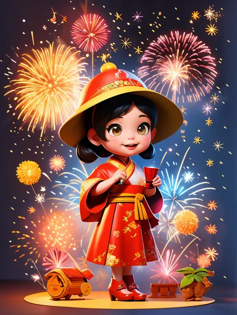 cute little chinese girl，wearing traditional chinese clothing，(wearing a dragon hat)，(holding fireworks in hand:1.3)，smile happi...