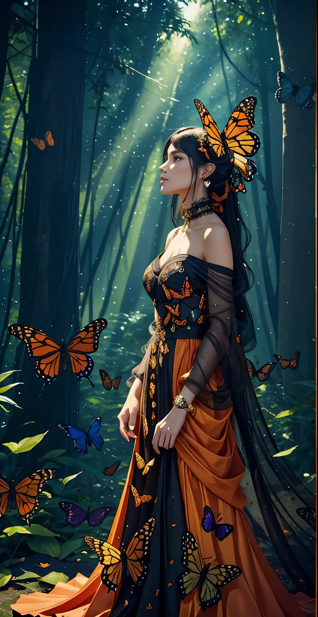 Beautiful dark haired woman covered entirely by millions of Monarch orange black and red butterflies like a second skin a gossamer dress that is almost part of her, covered in butterflies and vibrant multicolored red and black flowers, as if they are coming out of her chest her heart, dappled sun beams through the pine fir forest, hyperdetailed, k resolution, Kodak resampled film grain,(((naturally interacting with the environment:1.5))),(((seamless:1.5))),((strong environmental light)),((hard shadows)),(merge realms of the extreme punk in a tapestry of dualities),enigmatic beings with ethereal silhouettes,digital dreamscape.Illuminate the scene with the pulse of a celestial bloom,(casting hues that bridge both cosmic and cybernetic realms).(Blend brushstrokes harmoniously),fusing elements of traditional artistry with glitched fragments of a pixelated mosaic.Embrace asymmetry,where the organic and the synthetic collide in a dynamic composition.(Infuse a shifting timeless vibrant palette).Integrate augmented reality surprises. by Da Vinci
