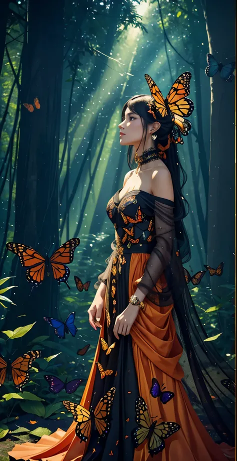 Beautiful dark haired woman covered entirely by millions of Monarch orange black and red butterflies like a second skin a gossam...