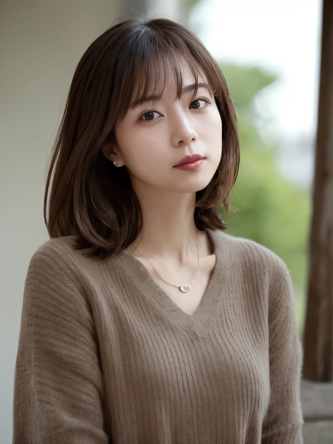 (Highly realistic photos, High resolution, detailed face, fine eyes), Taken in front of a white wall、japanese woman, 40 years old, Variety of facial expressions, alone:1, slim figure, different hairstyles, casual clothes, Alone in a photo、long sleeve dress、Shot in natural light、simple necklace、Spring clothes、Don't look at the camera、profile、Dark brown hair color