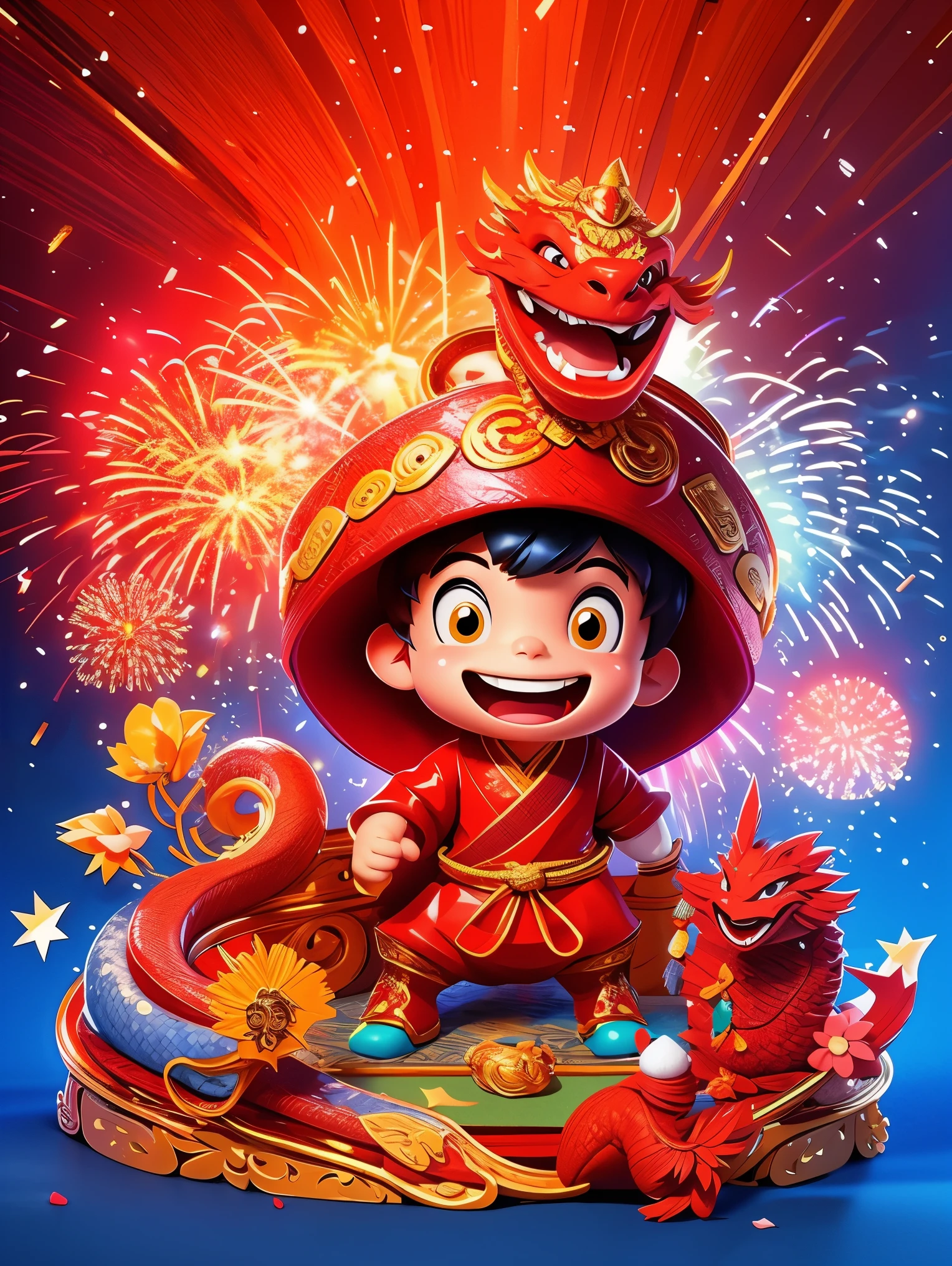 energetic and cute，1 boy，Standing in the middle of，Laugh，Wearing traditional Chinese clothing，(There is an Eastern dragon coiled behind it:1.3)，There are some gold coins on the ground，Blue and red clothes，((fireworks，firecracker，Spring couplets，red festive background))，CNY，Intense lighting effects，Ultra-detailed