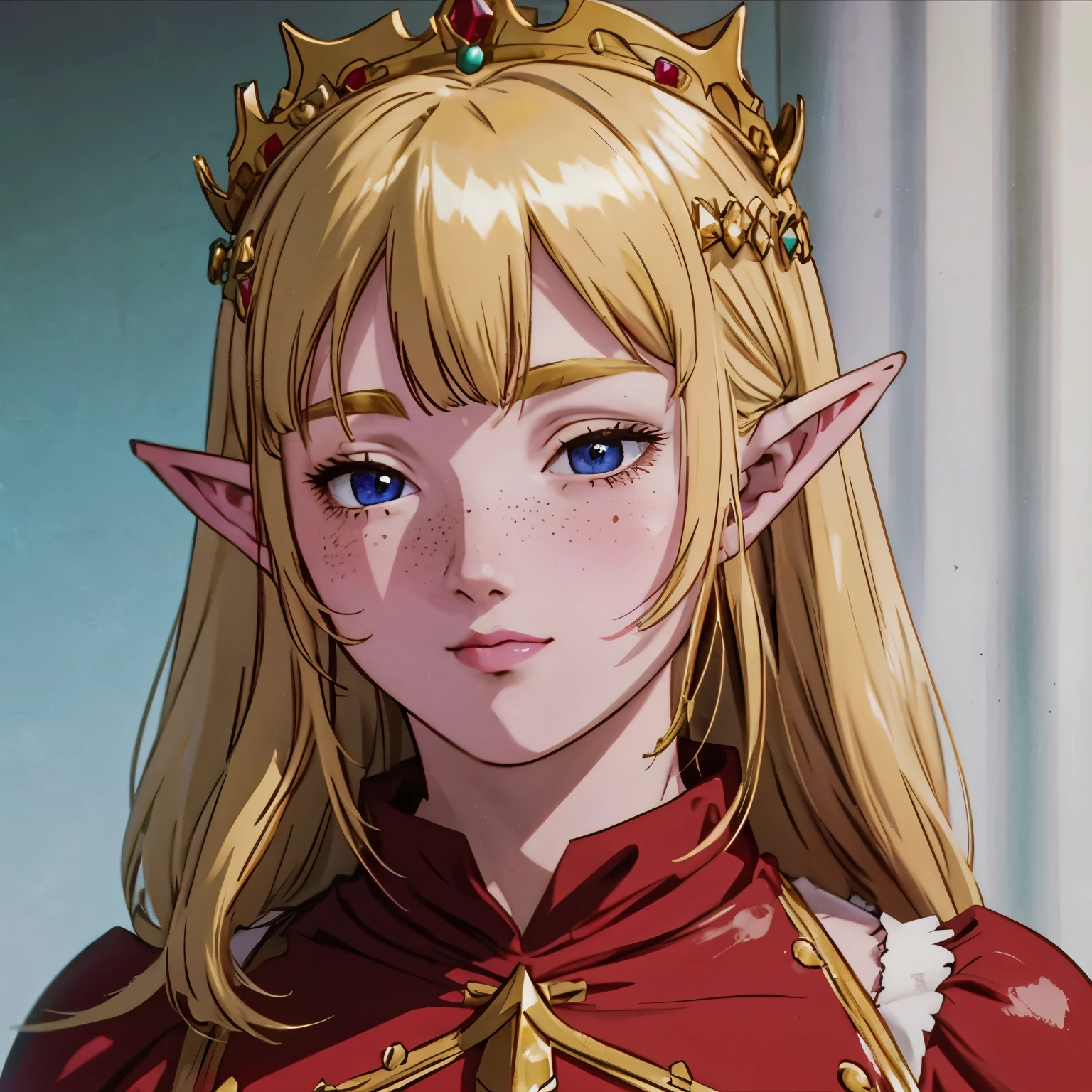 a beautiful blonde woman with elf ears and frecklees, with a Ruby crown