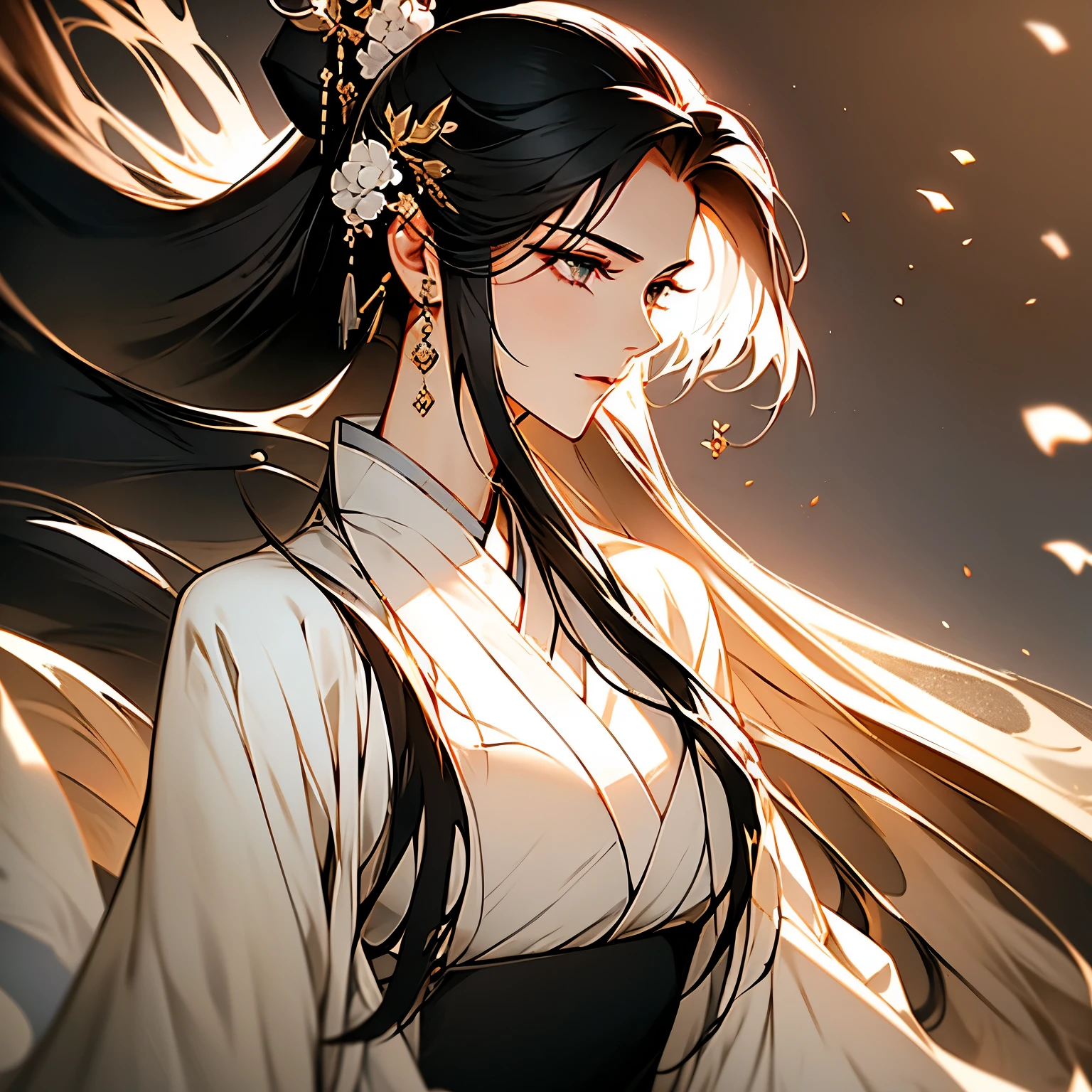 mature woman，royal sword flying，long black hair，Poker face，hanfu，White coat，Highest image quality，beautiful eyes，Exquisite facial features，Chinese painting illustration，Long hair with fluffy and messy high ponytail，sketch，Eye light perception