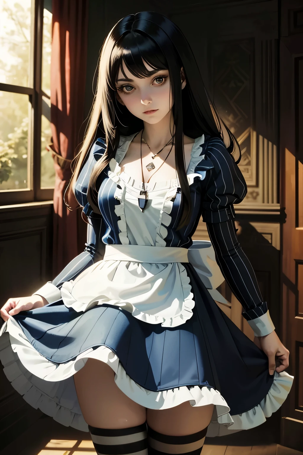 AliceHorror, 1girl, solo, striped, thighhighs, cosplay, striped thighhighs, black hair, alice (alice in wonderland), dress, tree, long hair, apron, alice (alice in wonderland) (cosplay), jewelry, necklace
,masterpiece, best quality, cinematic lighting,Alice Liddell (Alice in Wonderland) , nacked, big boss, vagina, indoor,
