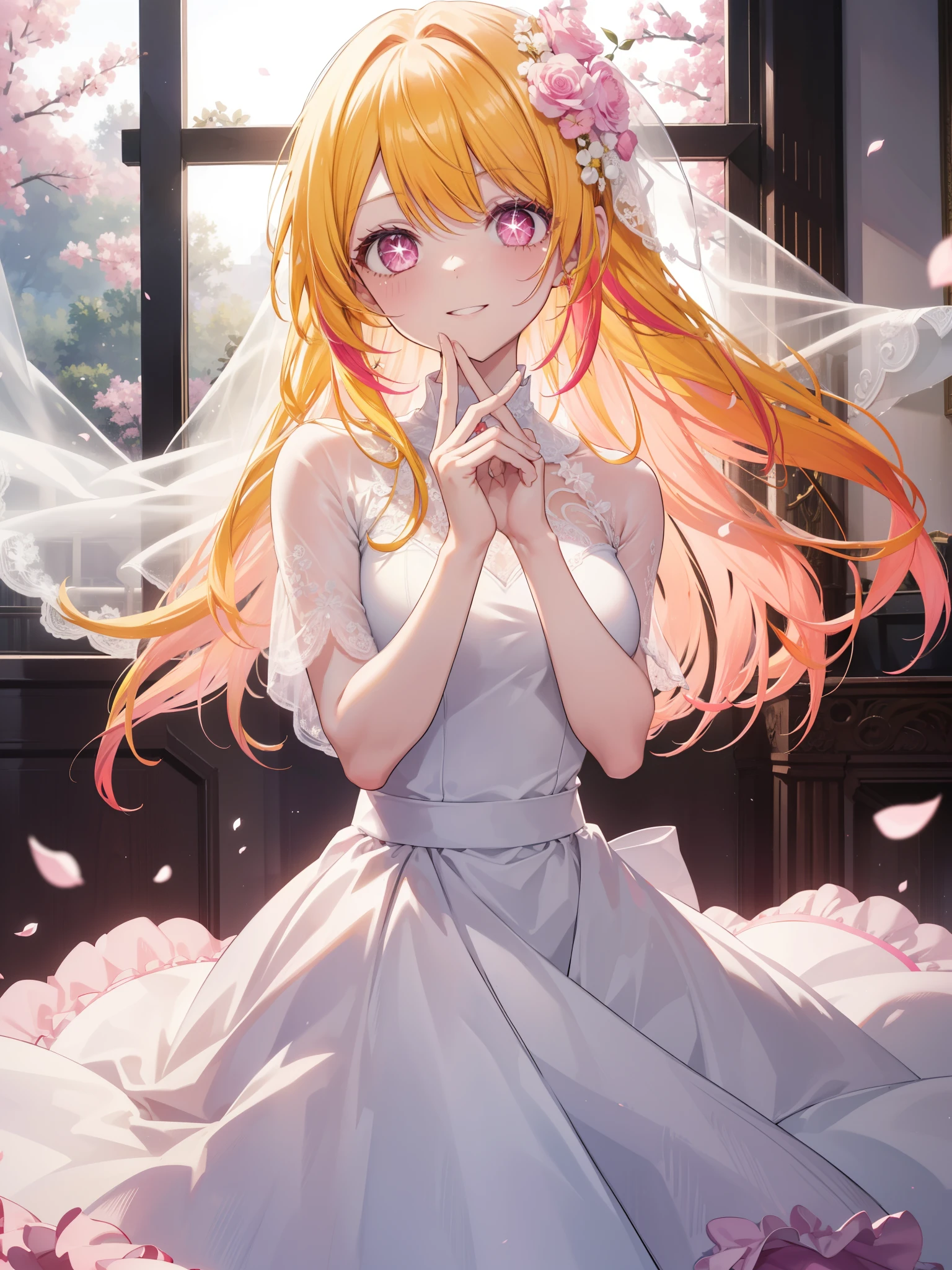 alone, (girl1名:1.3), 1 Grill, Hoshino Ruby, (yellow hair:1.5), long hair, (pink eyes:1.5), (side lock:1.3), (left eye star pupil:1.5), (pink right eye:1.5) (white wedding dress costume:1.3),   (masterpiece:1.2), highest quality, High resolution, unity 8k wallpaper, (shape:0.8), (beautiful and detailed eyes:1.6), highly detailed face, perfect lighting, Very detailed CG, (perfect hands, perfect fingers, perfect anatomy), smile, cowboy shot, masterpiece, highest quality, High resolution, 1人のgirl, girl, masterpiece、highest quality、masterpiece, highest quality, high again, , 1girl, alone, hair flower, wedding d again ss, Holding a bouquet of flowers in your hands, Chacha, smile, church, white bridal veil, open your mouth,