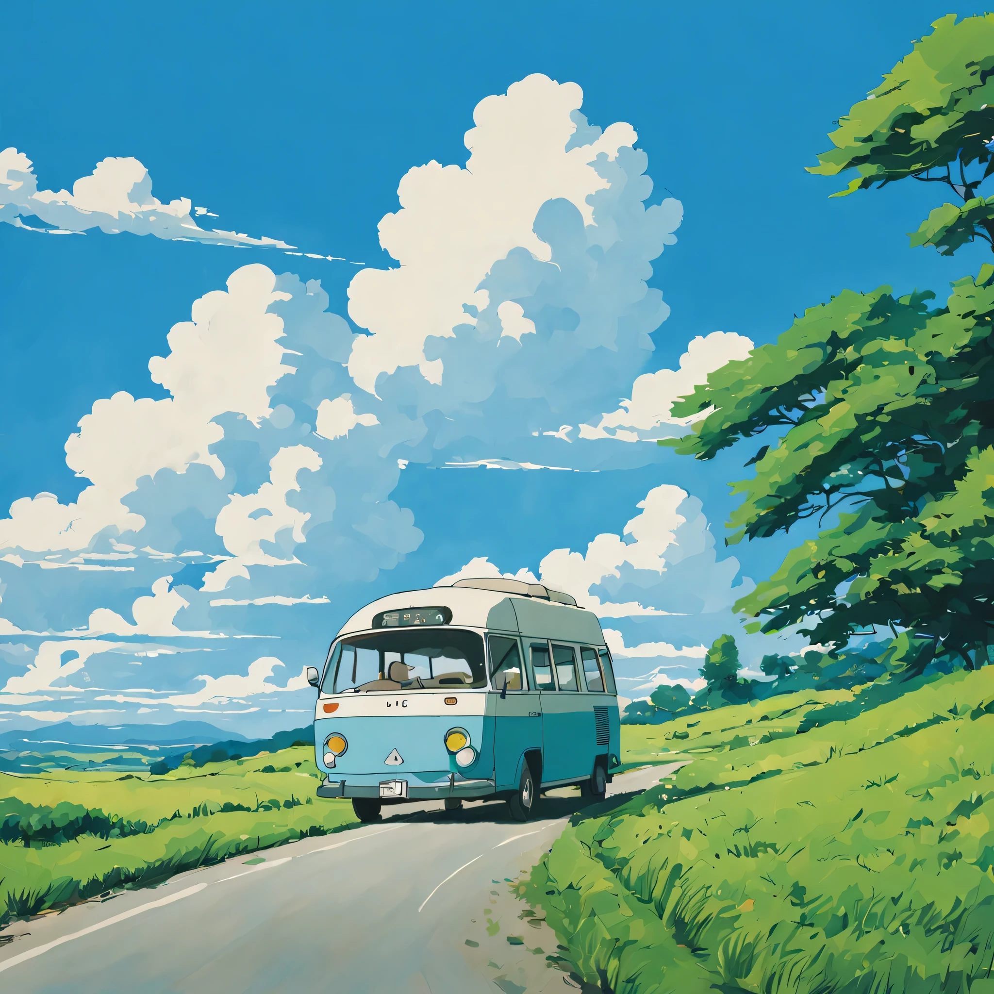 (ミニマリズム:1.4), 道路にミニバスが停まっている, ジブリスタジオアート, 宮崎, 青い空と白い雲のある牧草地