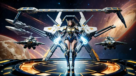 Masterpiece, Female Mecha Warrior in front of space ships, giga_busty, full body shot
