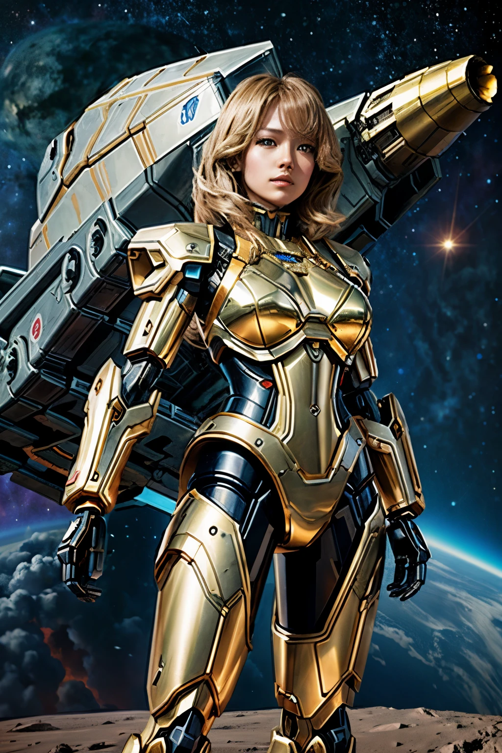 Masterpiece, Female Mecha Warrior in front of space ships