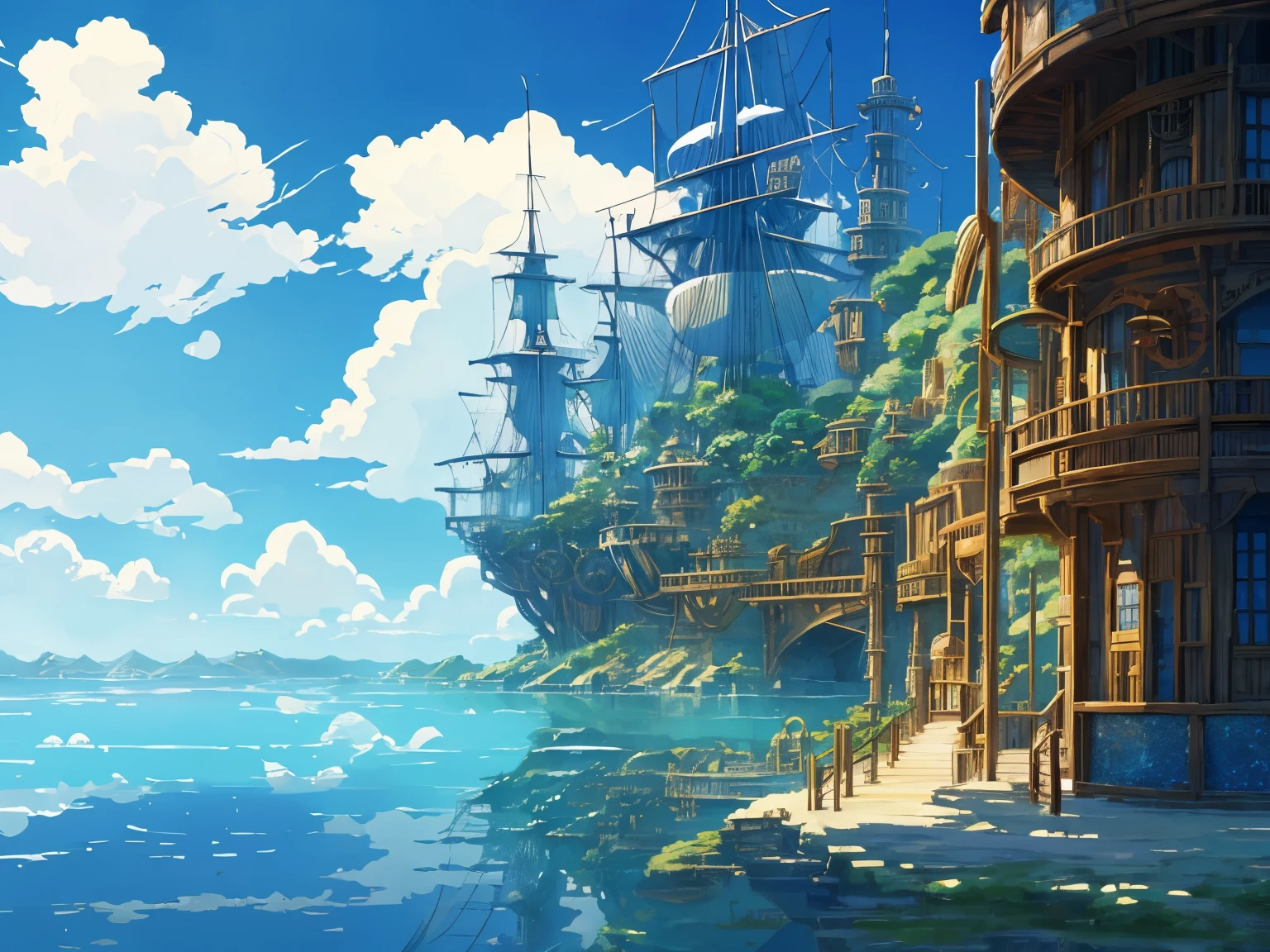 Captura de tela do DVD do filme do Studio Ghibli, lindo interior da ponte steampunk à beira mar, Nuvens no céu azul, desenhado por Hayao Miyazaki, retro anime