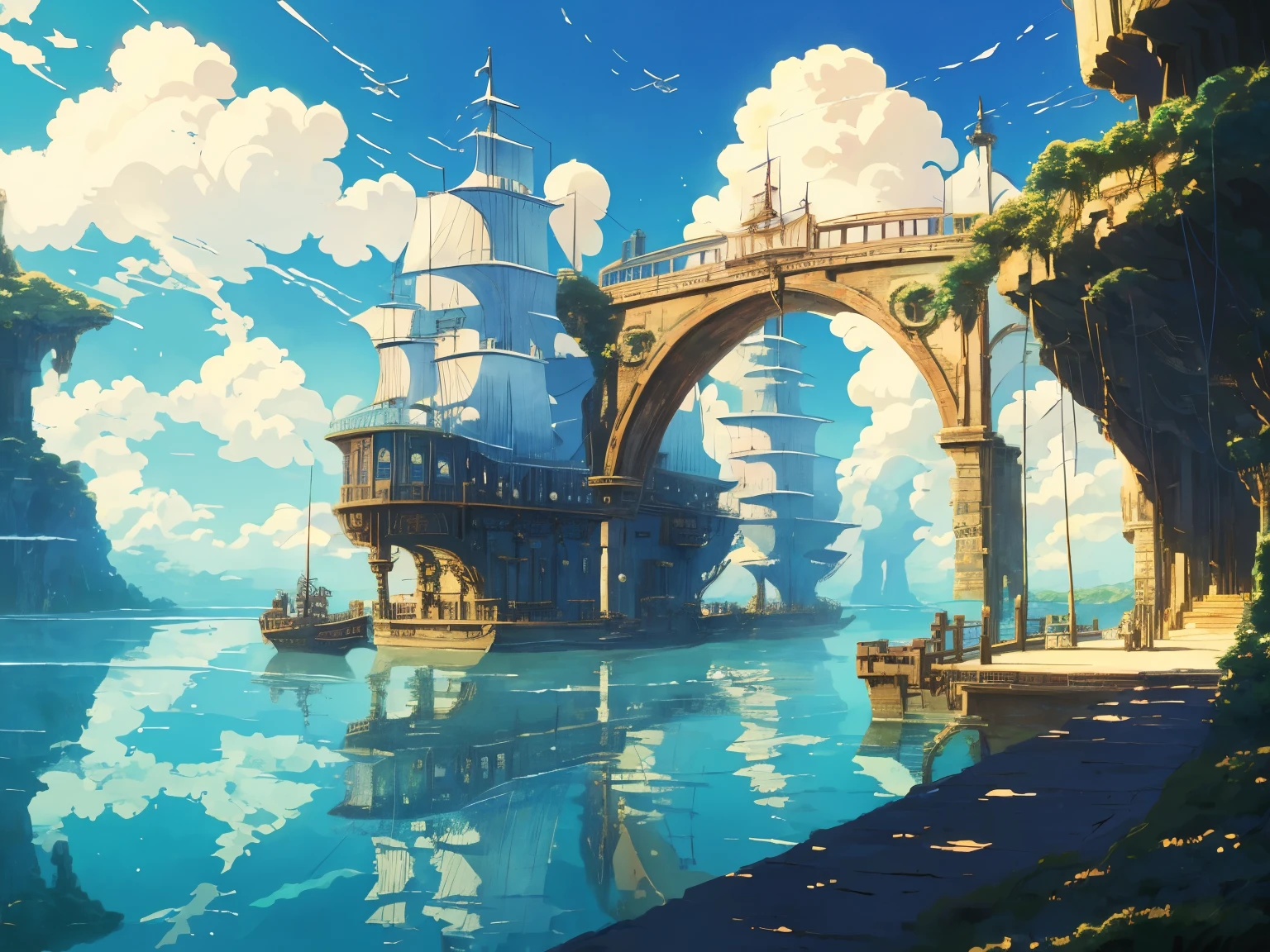 DVD screengrab from studio ghibli movie, beautiful seaside steampunk bridge interior, clouds on blue sky, designed by Hayao Miyazaki, retro anime