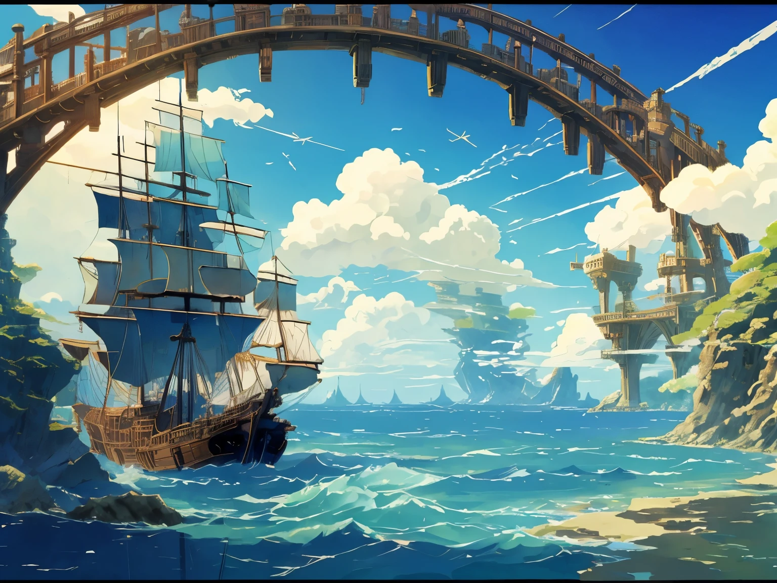 DVD-Screenshot aus dem Studio Ghibli-Film, wunderschönes Interieur einer Steampunk-Brücke am Meer, Wolken am blauen Himmel, entworfen von Hayao Miyazaki, Retro-Anime