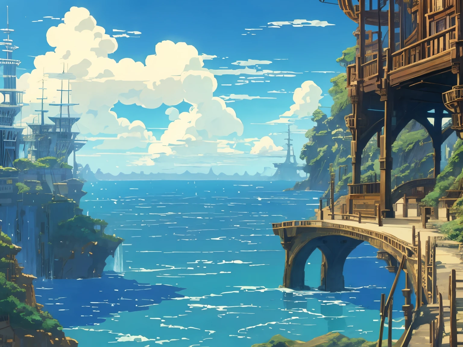 DVD screengrab from studio ghibli movie, beautiful seaside steampunk bridge interior, clouds on blue sky, designed by Hayao Miyazaki, retro anime