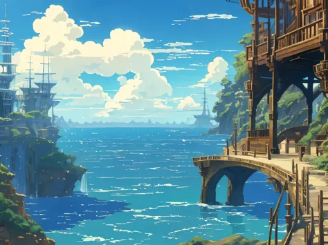 dvd screengrab from studio ghibli movie, beautiful seaside steampunk bridge interior, clouds on blue sky, designed by hayao miya...