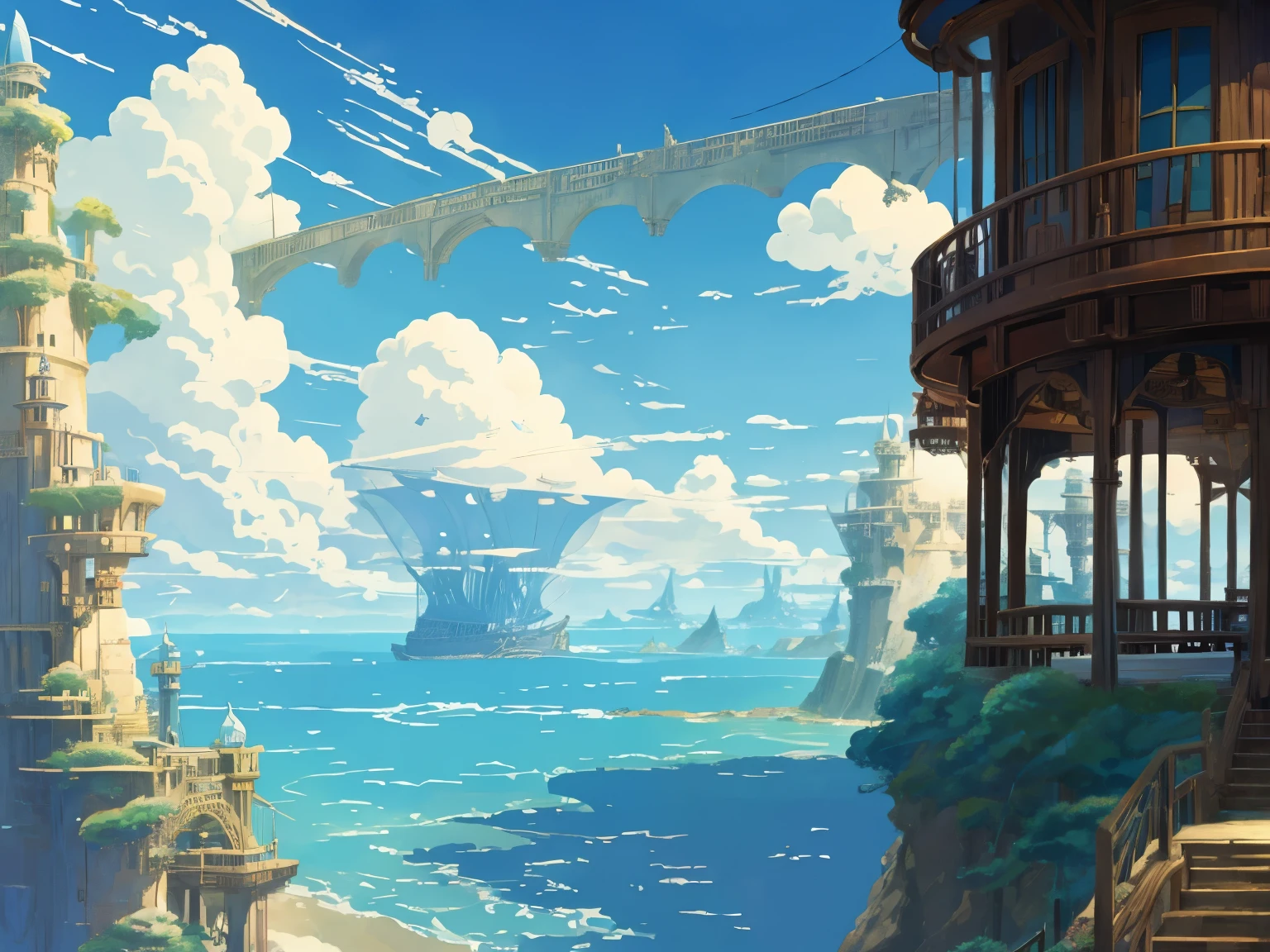 Capture d&#39;écran du DVD du film Studio Ghibli, bel intérieur de pont steampunk en bord de mer, nuages sur ciel bleu, conçu par Hayao Miyazaki, anime rétro