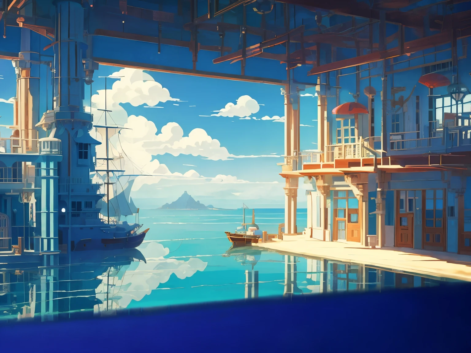 Captura de tela do DVD do filme do Studio Ghibli, (lindo interior de laboratório à beira mar:1.4), Nuvens no céu azul, desenhado por Hayao Miyazaki, retro anime