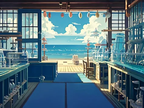 DVD screengrab from studio ghibli movie, (beautiful seaside laboratory interior:1.4), clouds on blue sky, designed by Hayao Miya...