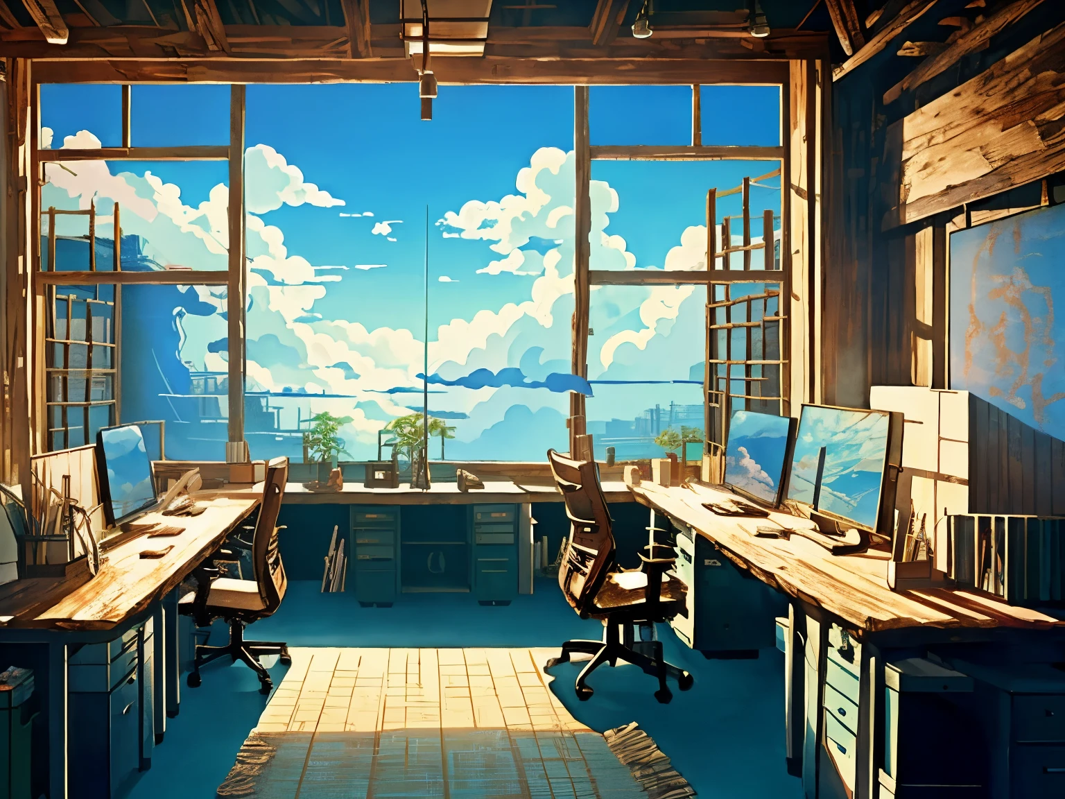 DVD screengrab from studio ghibli movie, (beautiful rustic office interior:1.4), clouds on blue sky, designed by Hayao Miyazaki, retro anime