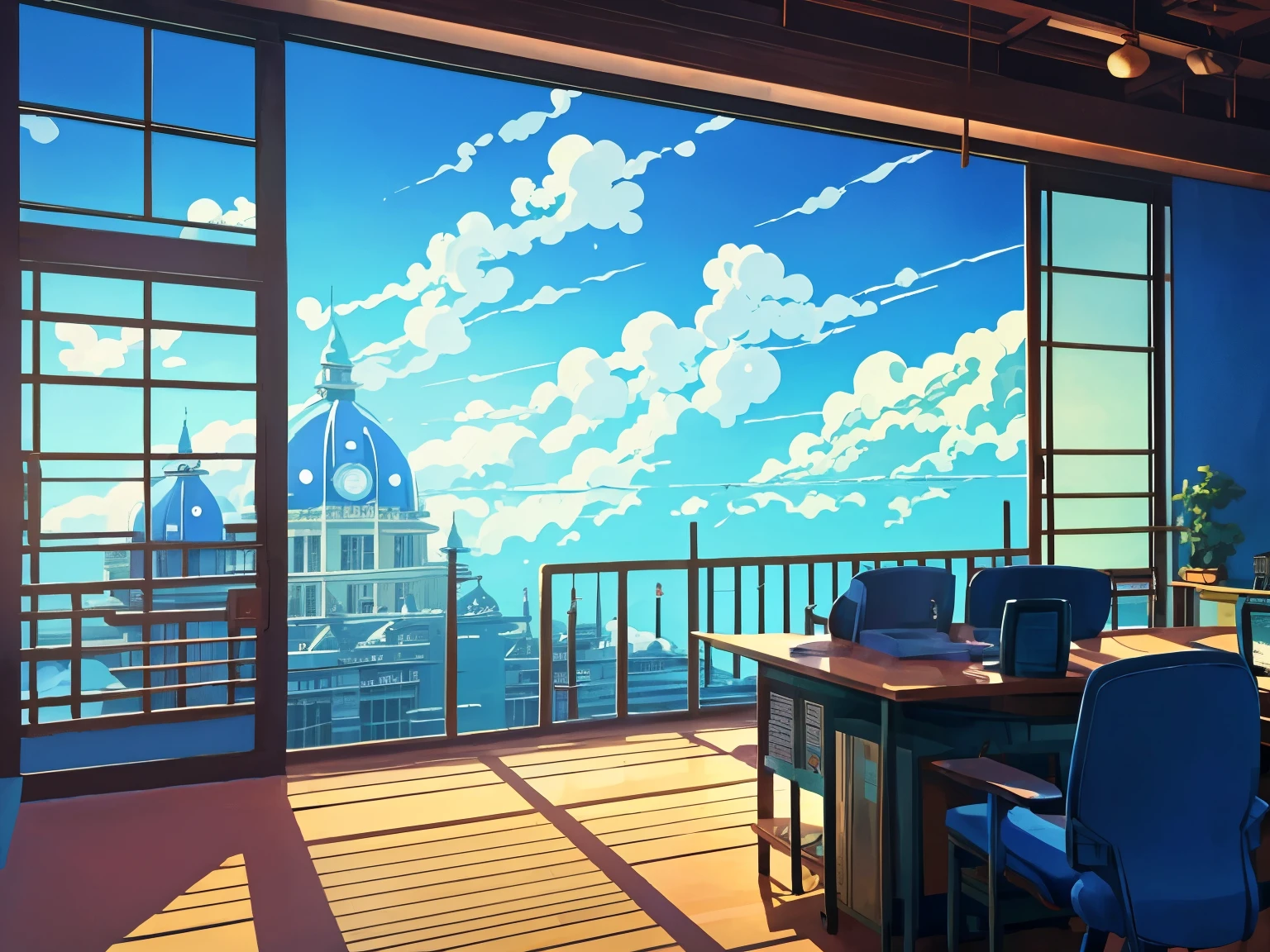 DVD screengrab from studio ghibli movie, (beautiful government office interior:1.4), clouds on blue sky, designed by Hayao Miyazaki, retro anime