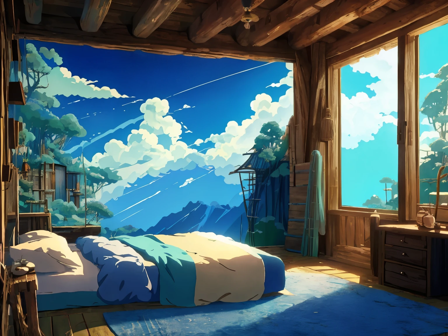 DVD screengrab from studio ghibli movie, (beautiful rustic bedroom interior:1.4), clouds on blue sky, designed by Hayao Miyazaki, retro anime