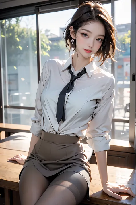 Korean school uniform、summer school uniform shirt、tight shirt、ribbon tie、skirt made of、School、School的楼梯、Emphasis on placing arms in front of chest、Slender and long、8K RAW photos、high resolution、age:18 、Japanese、Incision eye、very large round breasts、Beautif...