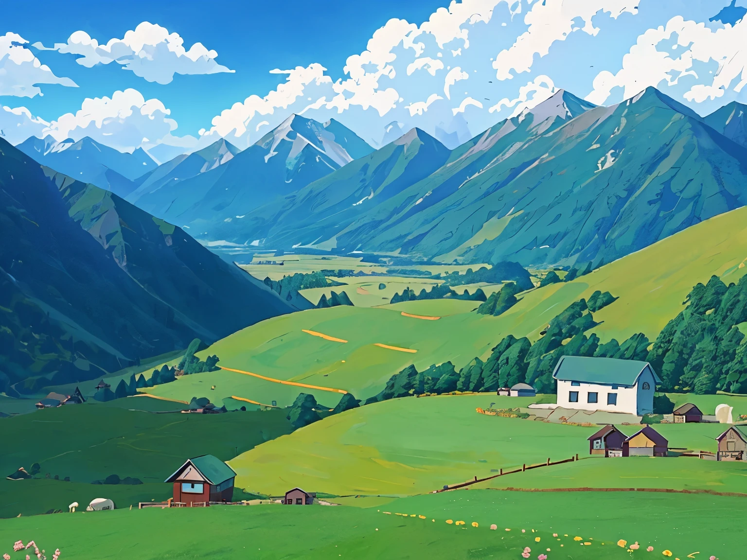 DVD screengrab from studio ghibli movie, (beautiful mountainside farm:1.4), clouds on blue sky, designed by Hayao Miyazaki, retro anime