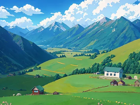 dvd screengrab from studio ghibli movie, (beautiful mountainside farm:1.4), clouds on blue sky, designed by hayao miyazaki, retr...