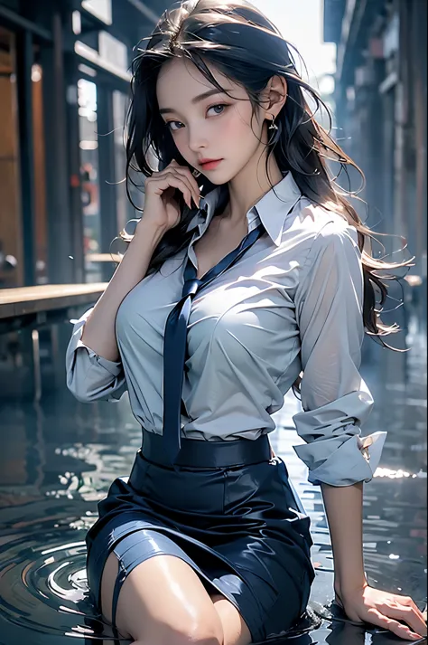 modest breasts, Navy blue tie, navy blue skirt, light blue blouse, idol carving, Water's Edge, wet，Naked trench (huge breasts:1....