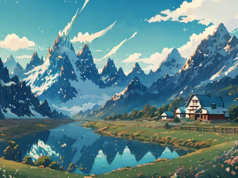 DVD screengrab from studio ghibli movie, (beautiful mountainside farm:1.4), clouds on blue sky, designed by Hayao Miyazaki, retr...