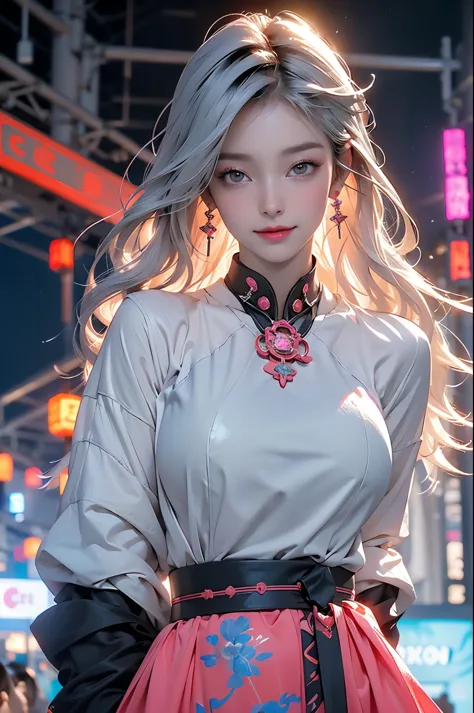 1 girl, Chinese_clothing, liquid silver and pink, cyberhan, cheongsam, cyberpunk city, dynamic poses, glowing headphones, Luminous hair accessories, long hair, Luminous earrings, glow necklace, cyberpunk, Hi-Tech City, full of mechanical and futuristic ele...