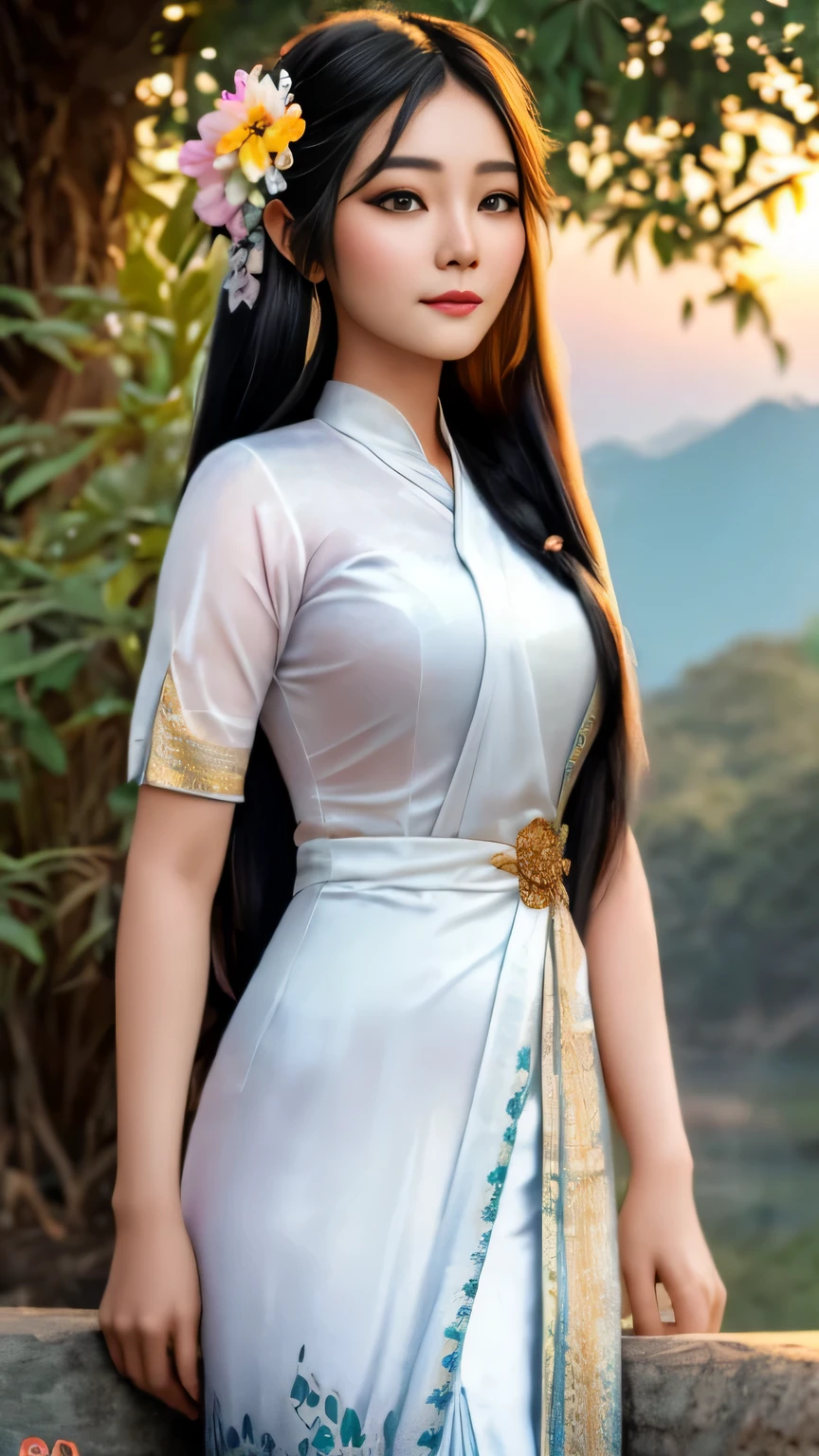 A photorealistic portrait of a stunningly beautiful Myanmar lady with long, flowing black hair adorned with traditional jasmine flowers. Bathed in the warm glow of the setting sun, (best quality,8k,ultra detailed, top quality,masterpiece:1.2), Burmese girl