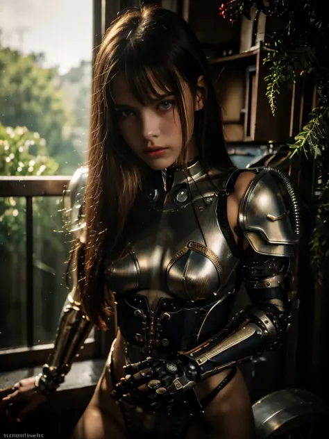 (1 mechanical cyborg girl) 、(russian girl 14 years old, european appearance)、mutant monster behind her attacking her, she is fig...