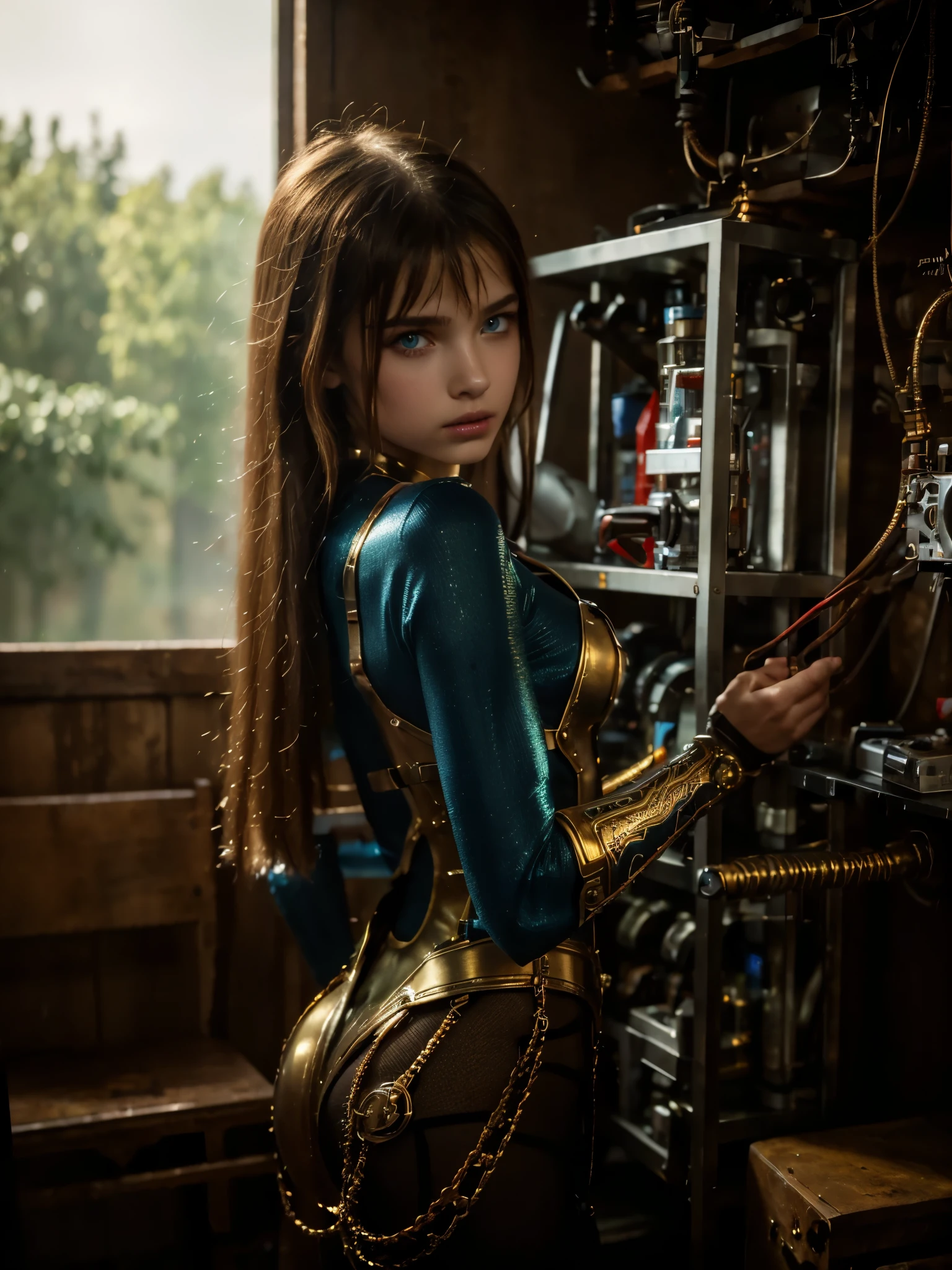 (1 Mechanical Cyborg Girl) 、(Russian girl 14 years old, European appearance)、mutant monster behind her attacking her, she is fighting back. black and gold vaultsuit, combat harness, topquality、tmasterpiece、超High Resolution、(photorealestic:1.4)、RAW photo、1 Russian girl、Fight mutants、Glowy skin、(((1 Russian girl mechanic)))、With a beautiful knife、（Red bodysuit with metallic effect and riveted steel plates.）、(Battle Cups、ogre、Fierce battle with the Orcs),（Fight the aliens furiously）、Fight fiercely、(Beautiful forest background)、(Fighting demonic beasts)、(Small LED)、((Super realistic details))、portlate、(The Backstory of a Strong Giant Demon Beast),Global Illumination、ombre、Octane rendering、8K、Ultra-spicy、Raw skin is exposed when split、metals、Details of complex ornaments、Russian Details、Very complex detailing、Realistic light、(Mystical expression),CGSoation Trends、blue eyes、Radiant Eyes、facing the camera、neon details、(Mechanical Limbs)、(blood vessels, connected to tubes)、(Wires and cables, Plug-in to the head)、Small LED、,Mechanical hips、Tustok、（Hands are also made of machines）、（Attack of monstrous beasts）、