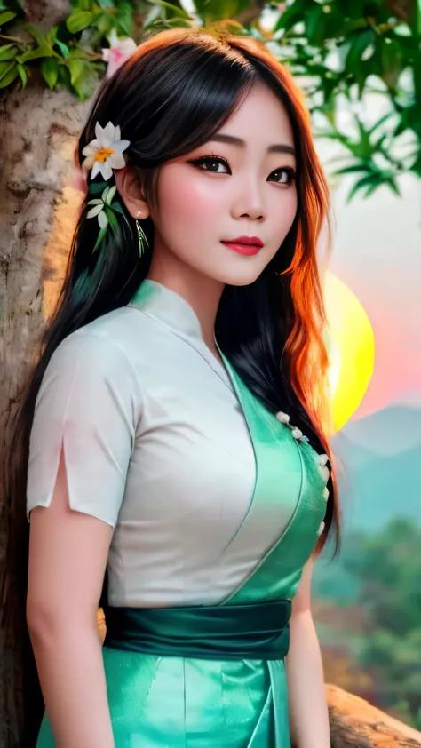 a photorealistic portrait of a stunningly beautiful myanmar lady with long, flowing black hair adorned with traditional jasmine ...