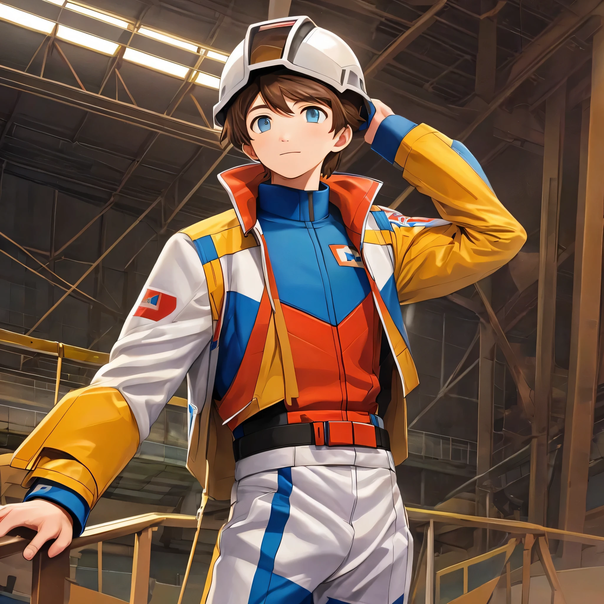 A young boy with brown hair and blue eyes stands in the hangar. He is wearing a white and blue pilot suit, with a helmet in his hand. He has always dreamed of piloting a gundam, and now he has the chance to join the elite team of Gundam pilots.The image is cinematic and realistic, capturing the boy's emotions. The style is inspired by the gundam anime, with sharp details and vivid colors.