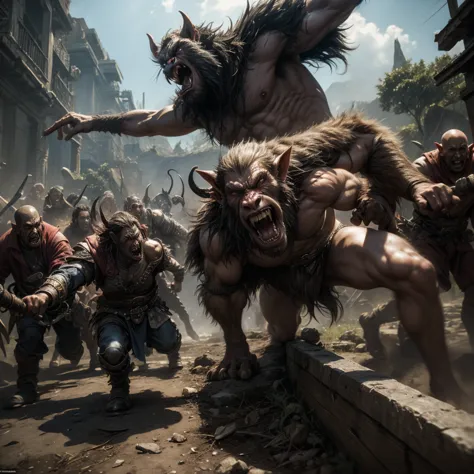 a crowd of orcs, which is rushing straight at us with a menacing battle cry, the style of Luis Royo, Luis Royo and the Greek Rut...